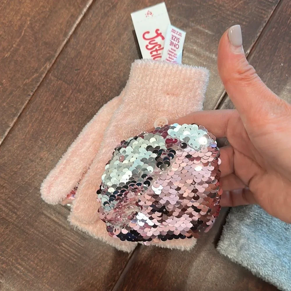 Grey and pink mittens